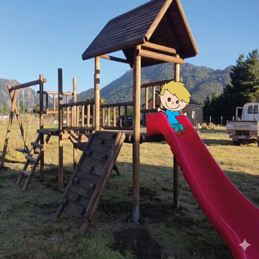 Juegos infantiles de madera para exterior con casita, resbalín y columpios - PatoPancho SpA